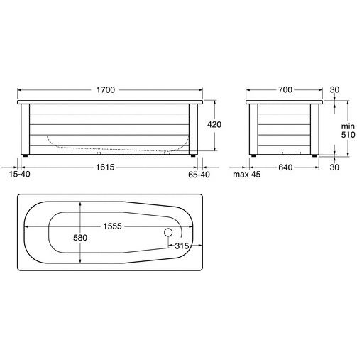 Kylpyamme Gustavsberg GBG 1700 190 l 1700x700 mm ilman etulevykehikkoa valkoinen lisäkuva 3