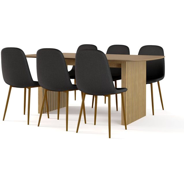 Richeto-ruokapöytä 180 cm, tammi + 6 kpl Nibe-tuolia Bark Luonnonväri/musta, Musta, Tammi
