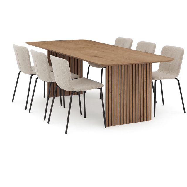 Richeto-ruokapöytä 180 cm ja 6 Katy-ruokatuolia Bark Luonnollinen viimeistely / Greige-bouclé / Metallijalat musta, Greige