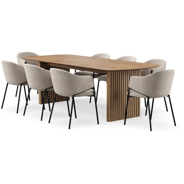 Richeto-ruokapöytä 240 cm ja 8 Filip-ruokatuolia Bark Luonnonpuuviimeistely / taupe bouclé, Taupe