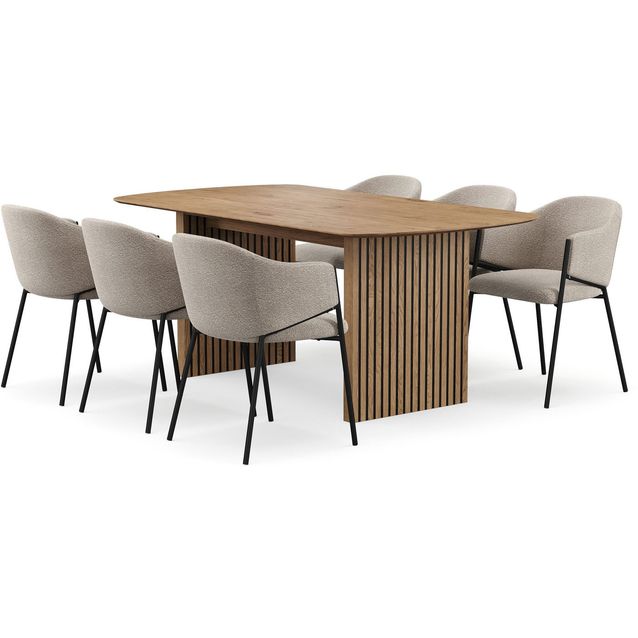 Richeto-ruokapöytä 180 cm ja 6 Filip-ruokatuolia Bark Luonnonpuuviimeistely / taupe bouclé, Taupe