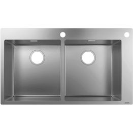Kaksialtainen keittiöallas Hansgrohe S71 S712-F765 upotettava teräsallas 370/370, kaksi hanareikää, ruostumaton teräs