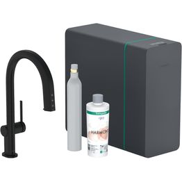 Keittiöhana Hansgrohe Aqittura M91 SodaSystem 210, ulosvedettävä juoksuputki 1jet, sBox, setti, mattamusta