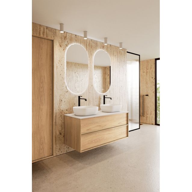 Allaskaappi kahdella malja-altaalla Hietakari Casa H14, 1190x457 mm, vaalea tammi, valkoinen kivi taso