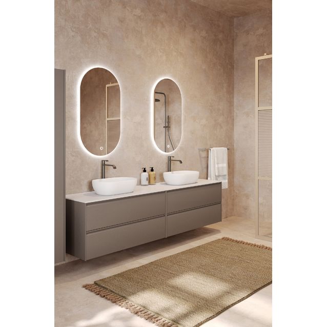 Kaksoisallaskaappi kahdella malja-altaalla Hietakari Luna L15, 1568x455 mm, mattabeige, valkoinen kivi taso