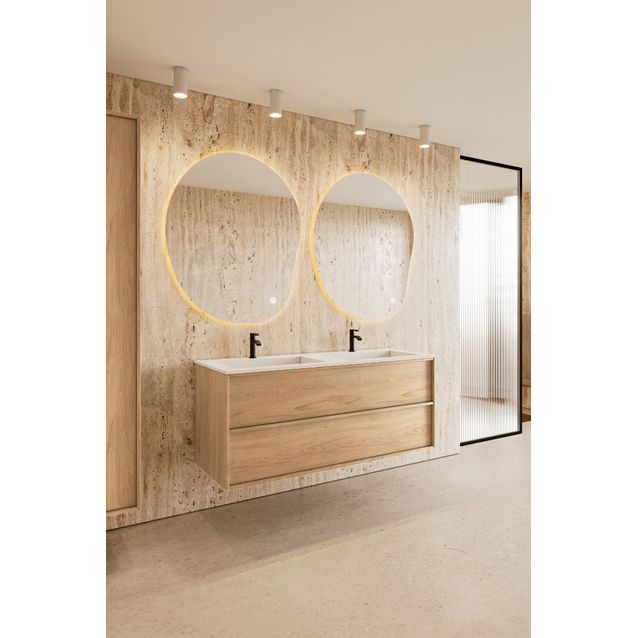 Allaskaappi kaksoisaltaalla Hietakari Casa H05, 1190x457x500 mm, vaalea tammi, valkoinen Corian-allas