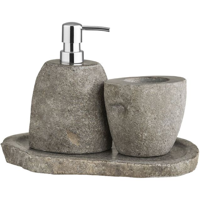 Kylpyhuonetarvikesetti House Nordic Gara Bathroom, säilytyskuppi, saippuapumppu ja tarjotin, luonnonkivi