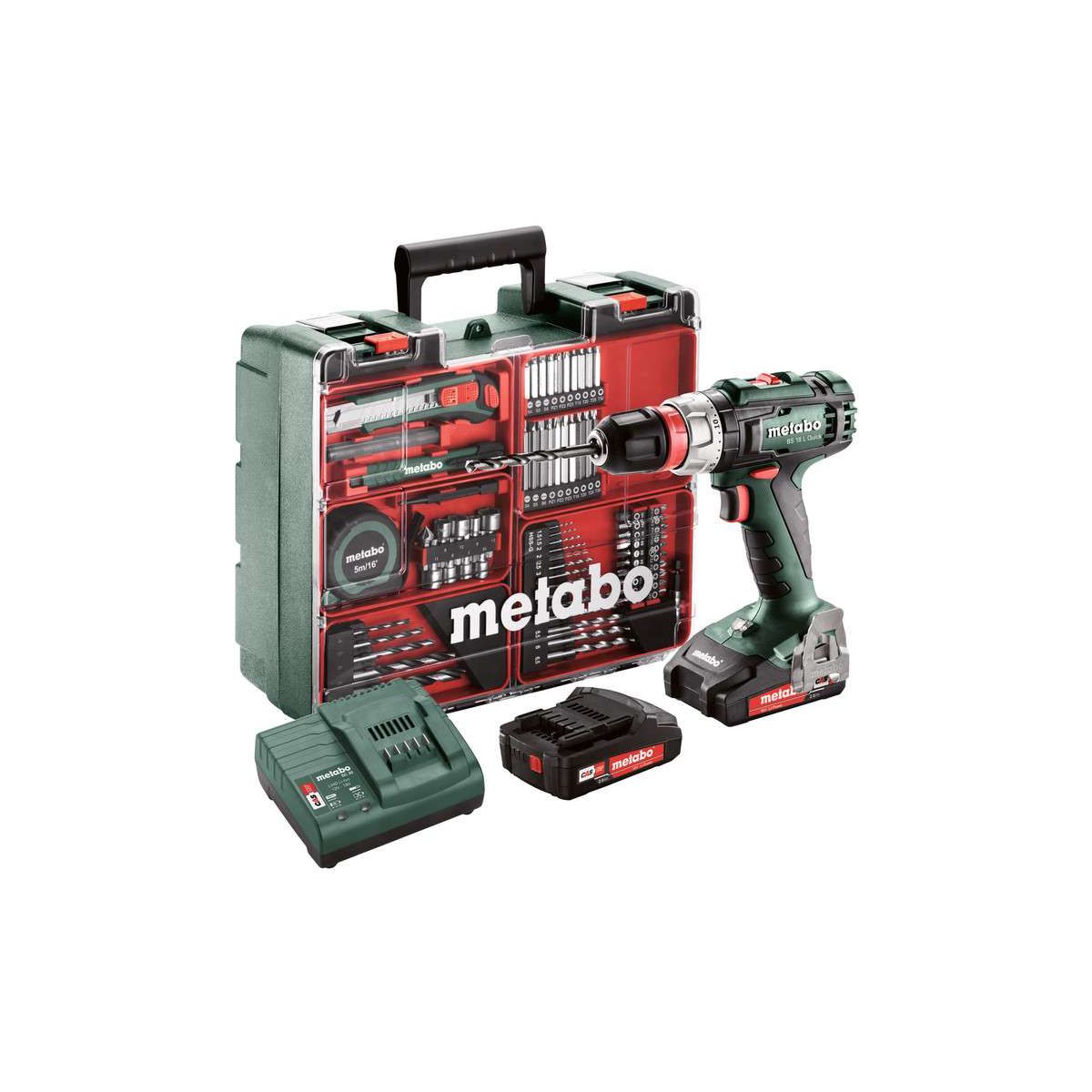 Akkuporakone Metabo BS 18 L Quick Set 18V 2x2.0Ah Li-Power-akulla ja laturilla SC 30 sekä työkalusetillä