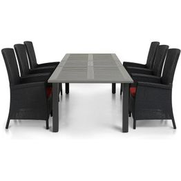 Ruokailuryhmä Monaco 220-280 6 Vermont säädettävää nojatuolia + punaiset pehmusteet musta