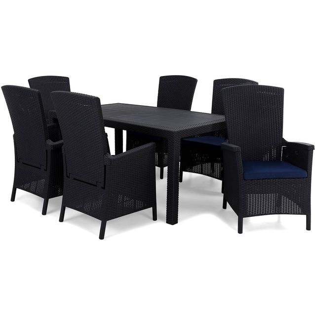 Ruokailuryhmä Melody 6 Vermont säädettävää nojatuolia + siniset pehmusteet musta