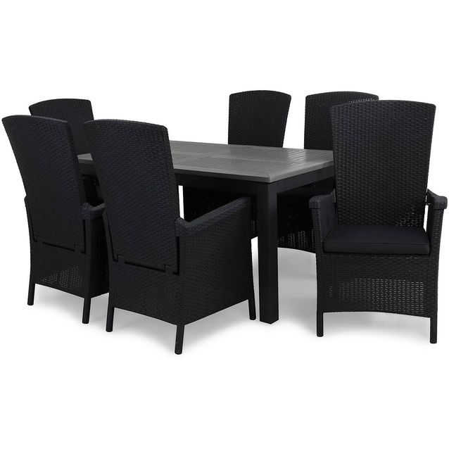 Ruokailuryhmä Monaco 152-210 6 Vermont säädettävää nojatuolia + harmaat pehmusteet musta