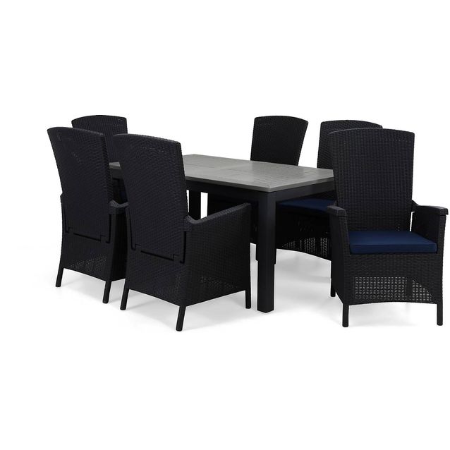 Ruokailuryhmä Monaco 152-210 6 Vermont säädettävää nojatuolia + siniset pehmusteet musta