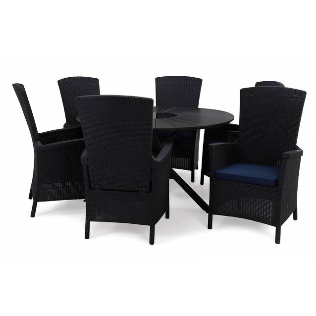 Ruokailuryhmä Finnhamn 6 Vermont säädettävää nojatuolia + siniset pehmusteet musta