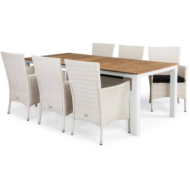 Ruokailuryhmä Olive 6 Thor tuolia + mustat pehmusteet valkoinen/puu