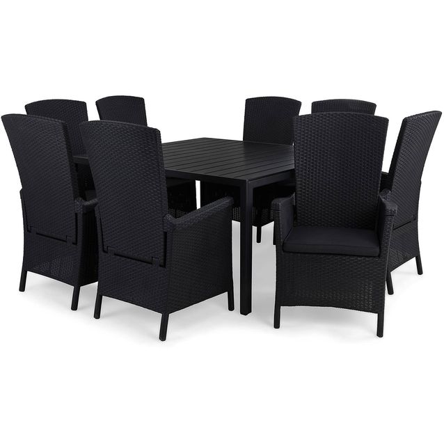 Ruokailuryhmä Tunis 8 Vermont säädettävää nojatuolia + mustat pehmusteet musta