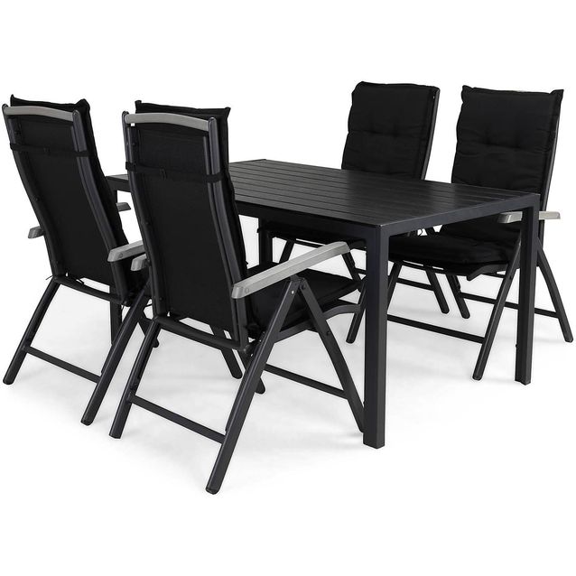 Ruokailuryhmä Tunis 4 Monaco Lyx tuolia + mustat pehmusteet musta