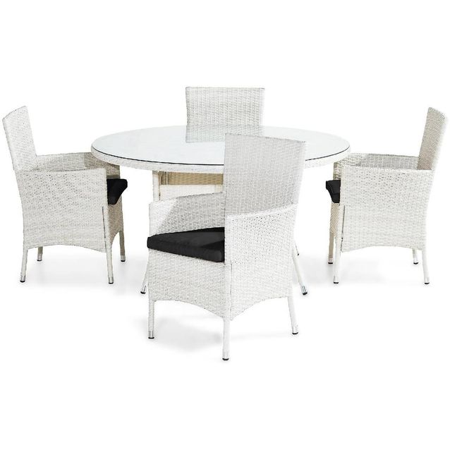 Ruokailuryhmä Thor pyöreä 4 nojatuolia + mustat pehmusteet valkoinen