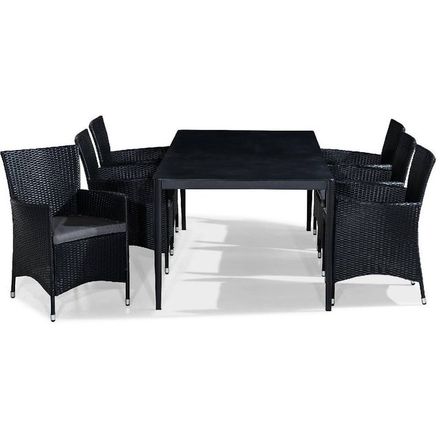 Ruokailuryhmä Alex 6 Thor nojatuolia + harmaat pehmusteet musta