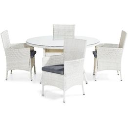 Ruokailuryhmä Thor pyöreä 4 nojatuolia + harmaat pehmusteet valkoinen