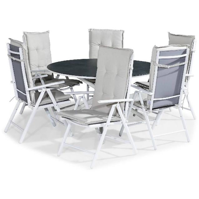 Ruokailuryhmä Alex pyöreä 6 Maggie tuolia + valkoiset pehmusteet harmaa