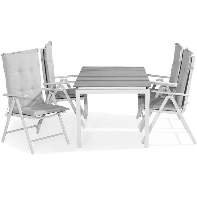 Ruokailuryhmä Tunis 4 Maggie tuolia + valkoiset pehmusteet harmaa