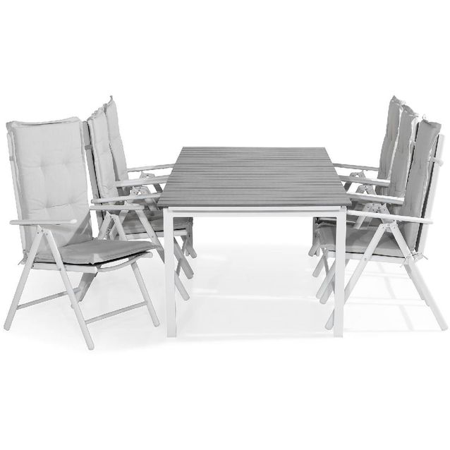 Ruokailuryhmä Tunis 6 Maggie tuolia + valkoiset pehmusteet harmaa