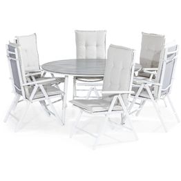 Ruokailuryhmä Tunis pyöreä 6 Maggie tuolia + valkoiset pehmusteet harmaa