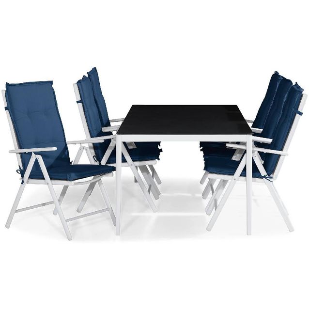 Ruokailuryhmä Alex 6 Maggie tuolia + siniset pehmusteet harmaa