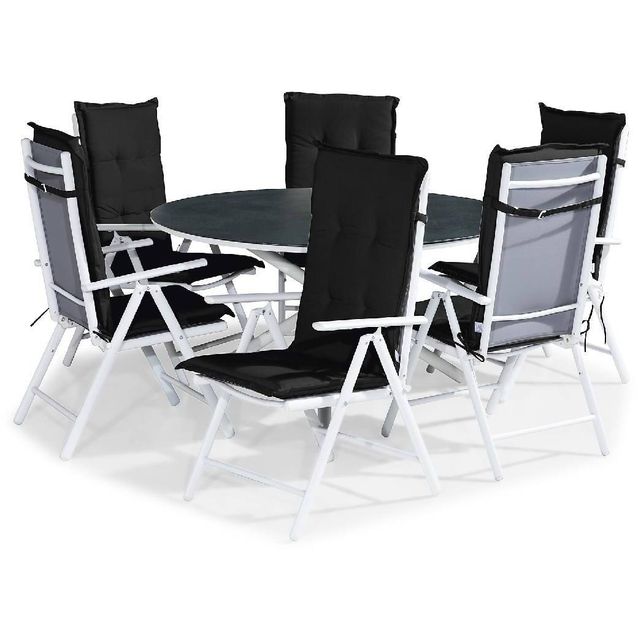 Ruokailuryhmä Alex pyöreä 6 Maggie tuolia + mustat pehmusteet harmaa