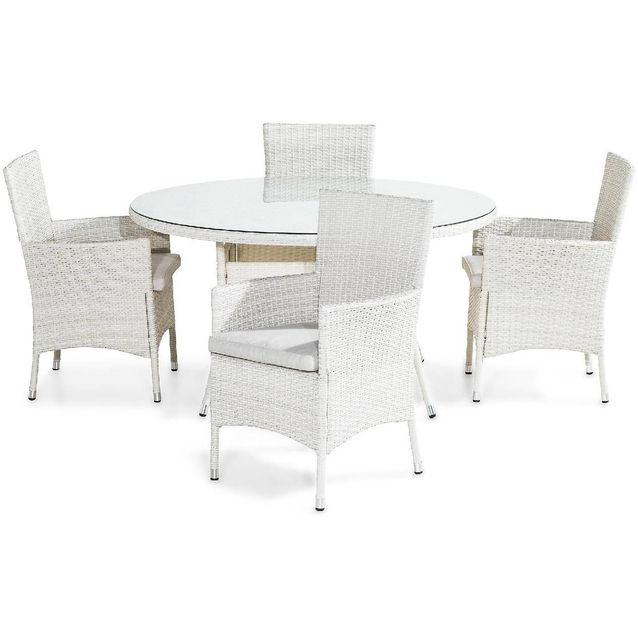 Ruokailuryhmä Thor pyöreä 4 tuolia + valkoiset pehmusteet valkoinen