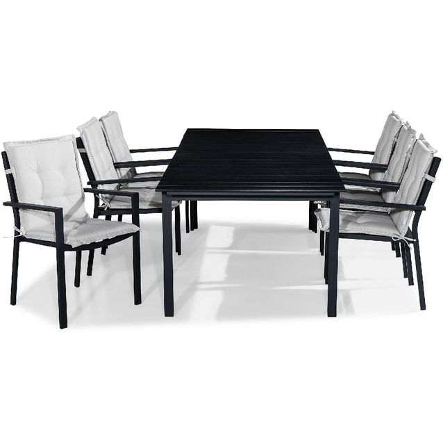 Ruokailuryhmä Tunis 6 Tunis tuolia + valkoiset pehmusteet musta