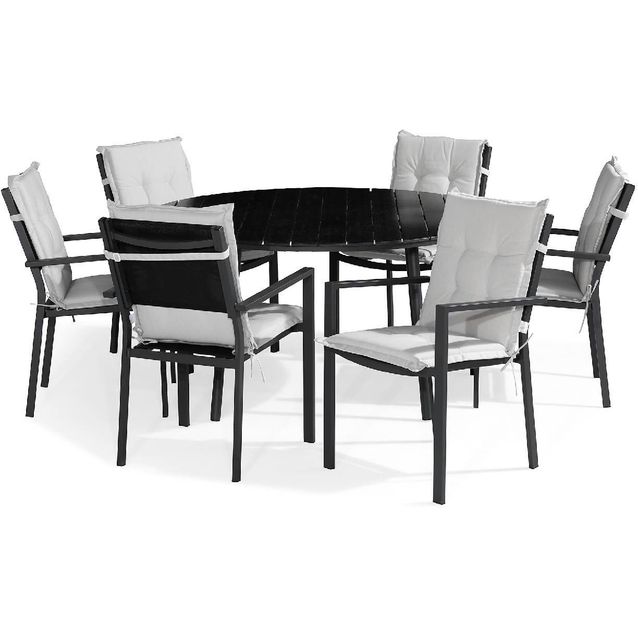 Ruokailuryhmä Tunis pyöreä 6 Tunis tuolia + valkoiset pehmusteet musta