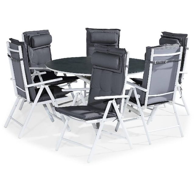 Ruokailuryhmä Alex pyöreä 6 Maggie tuolia + harmaat pehmusteet tyynyllä harmaa