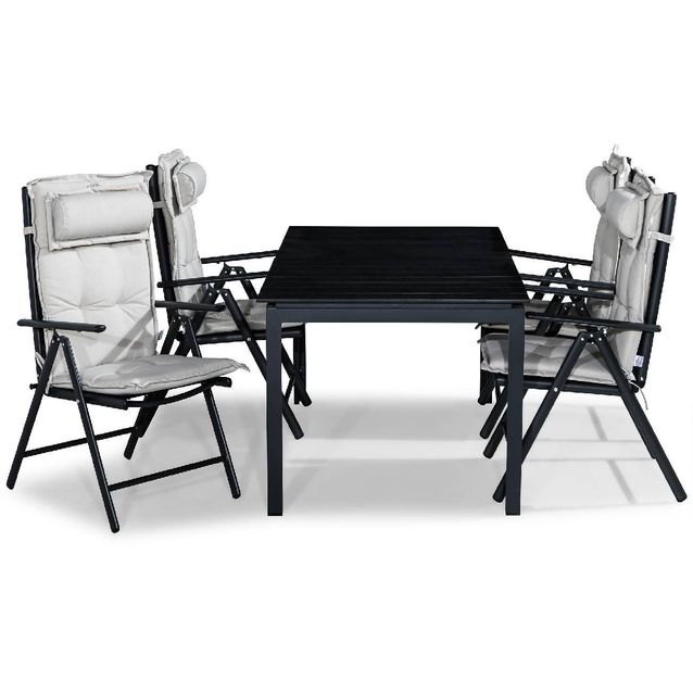 Ruokailuryhmä Tunis 4 Maggie tuolia + valkoiset pehmusteet tyynyllä musta