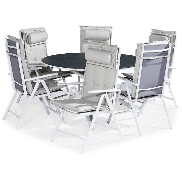 Ruokailuryhmä Alex pyöreä 6 Maggie tuolia + valkoiset pehmusteet tyynyllä harmaa