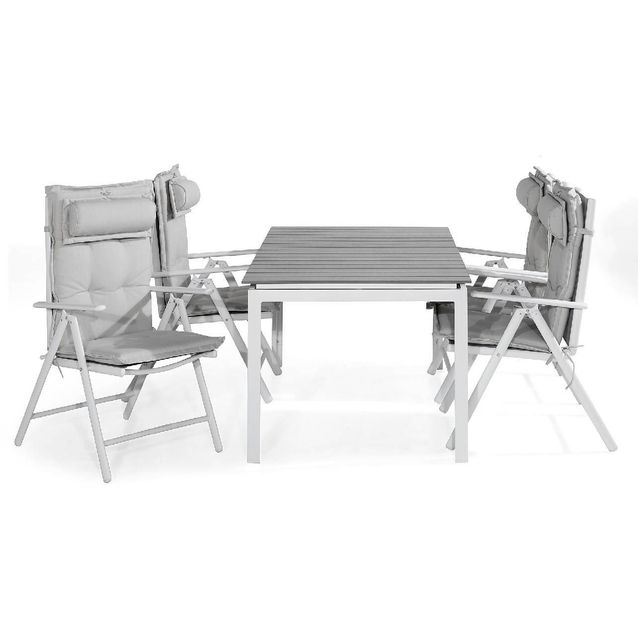 Ruokailuryhmä Tunis 4 Maggie tuolia + valkoiset pehmusteet tyynyllä harmaa