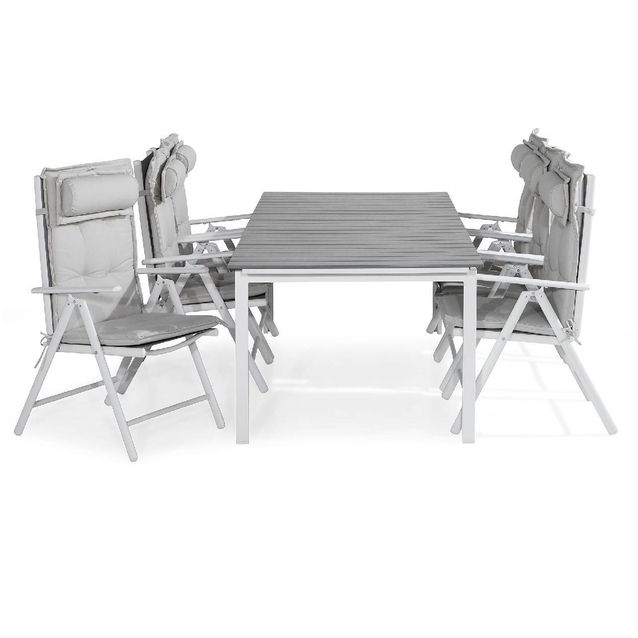 Ruokailuryhmä Tunis 6 Maggie tuolia + valkoiset pehmusteet tyynyllä harmaa