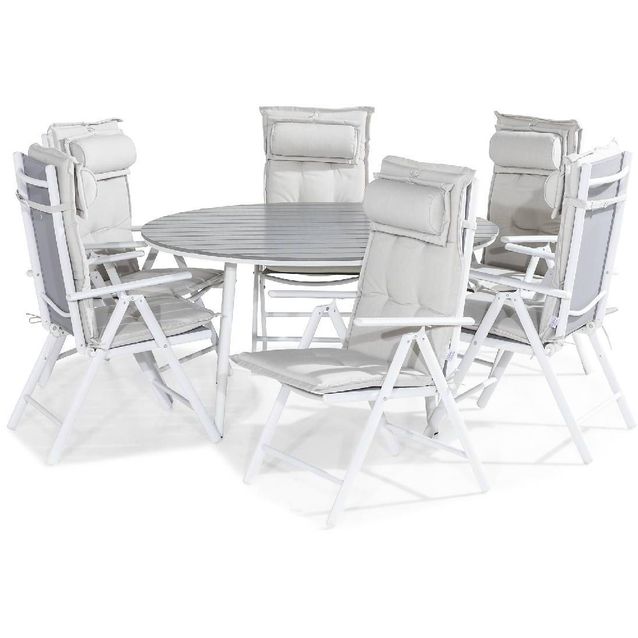 Ruokailuryhmä Tunis pyöreä 6 Maggie tuolia + valkoiset pehmusteet tyynyllä harmaa