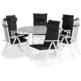 Ruokailuryhmä Tunis pyöreä 6 Maggie tuolia + mustat pehmusteet tyynyllä harmaa