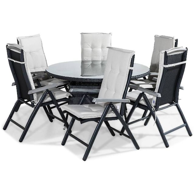 Ruokailuryhmä Thor 6 Monaco tuolia + valkoiset pehmusteet musta