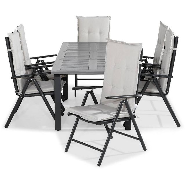 Ruokailuryhmä Monaco 152-210 6 Maggie tuolia + valkoiset pehmusteet musta