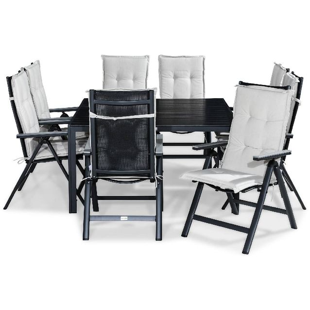 Ruokailuryhmä Tunis 8 Monaco Light tuolia + valkoiset pehmusteet musta