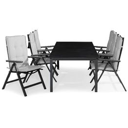 Ruokailuryhmä Tunis 6 Monaco Light tuolia + valkoiset pehmusteet musta