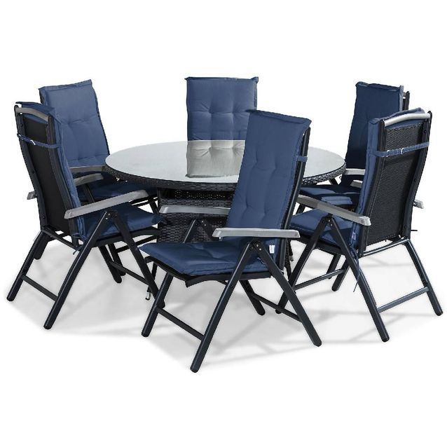 Ruokailuryhmä Thor 6 Monaco tuolia + siniset pehmusteet musta
