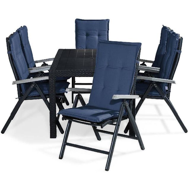 Ruokailuryhmä Melody 6 Monaco tuolia + siniset pehmusteet musta