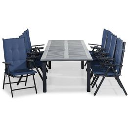 Ruokailuryhmä Monaco 8 Maggie tuolia + siniset pehmusteet musta