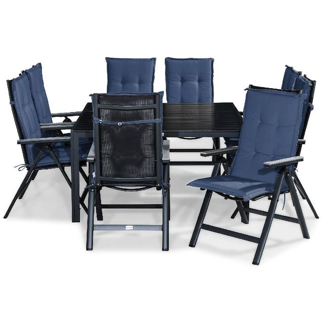 Ruokailuryhmä Tunis 8 Monaco Light tuolia + siniset pehmusteet musta