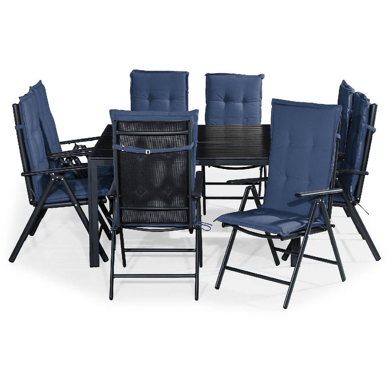 Ruokailuryhmä Tunis 8 Monaco Lyx tuolia + siniset pehmusteet musta