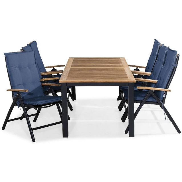 Ruokailuryhmä Las Vegas 210-280 6 tuolia + siniset pehmusteet musta