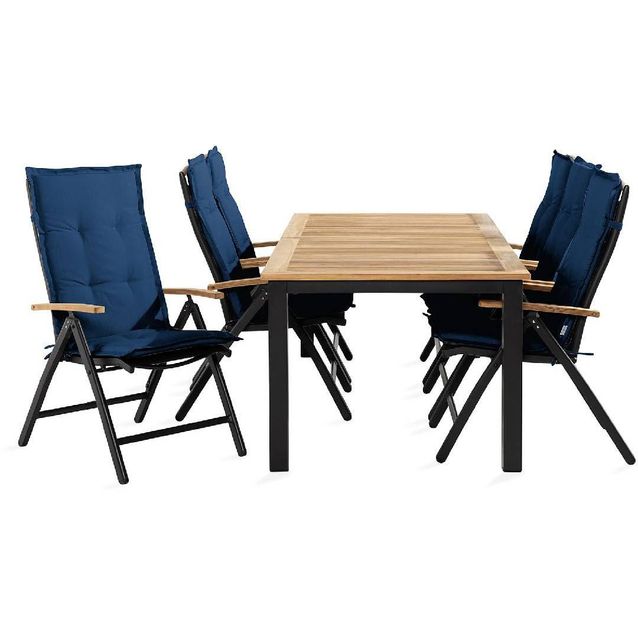 Ruokailuryhmä Las Vegas 152-210 6 tuolia + siniset pehmusteet musta